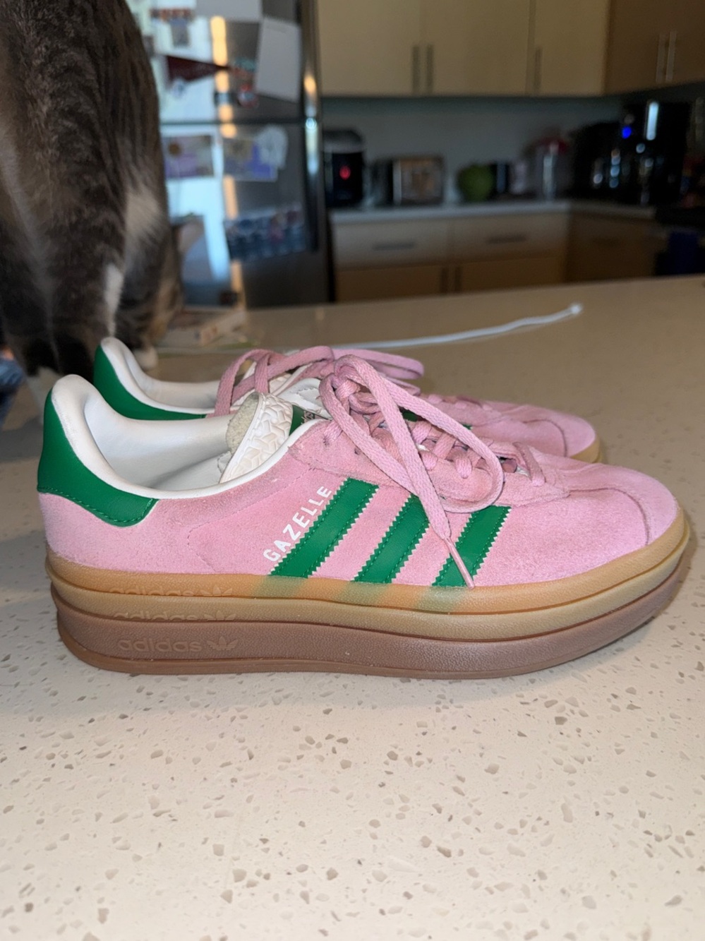 adidas Gazelle Pink Suede Sneakers with Green Stripes